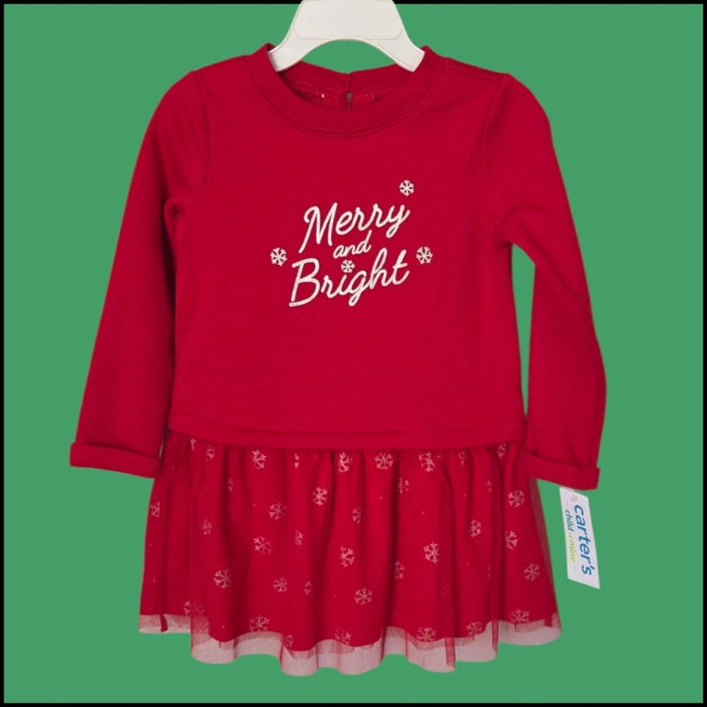 NWT Toddler Girl 2T Merry & Bright Christmas Dress Red Tulle Snowflakes